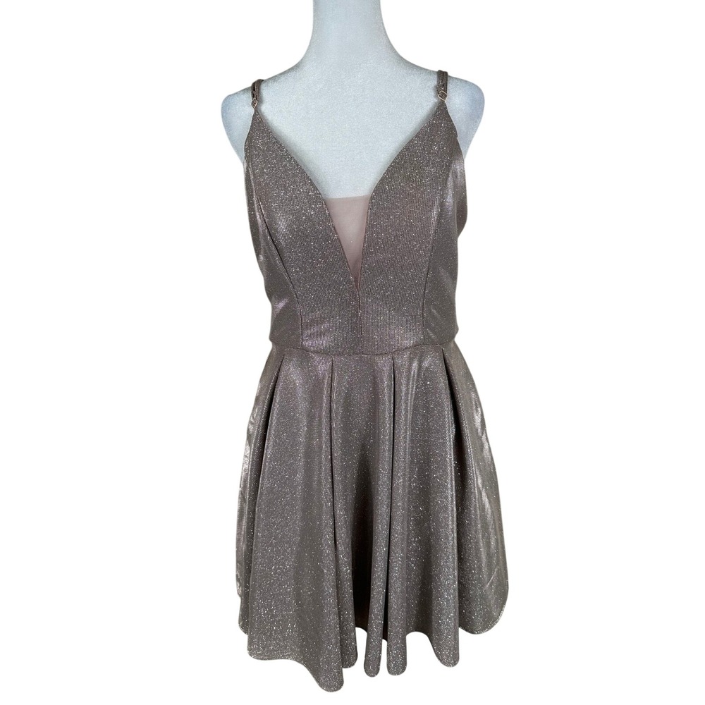 B. Darlin Fit and Flare Dress Juniors 13/14 Rose Gold Metallic Babydoll Y2K Prom